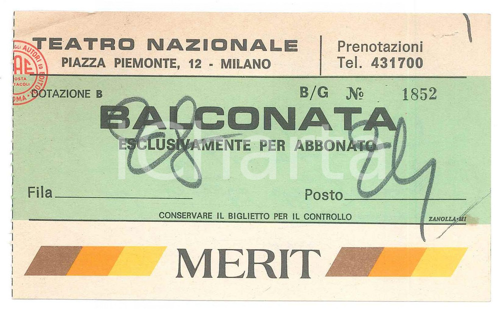 Oggetto da collezione cartaceo 1983 MILANO Teatro Nazionale  Biglietto balconata per abbonato Sponsor MERIT 1