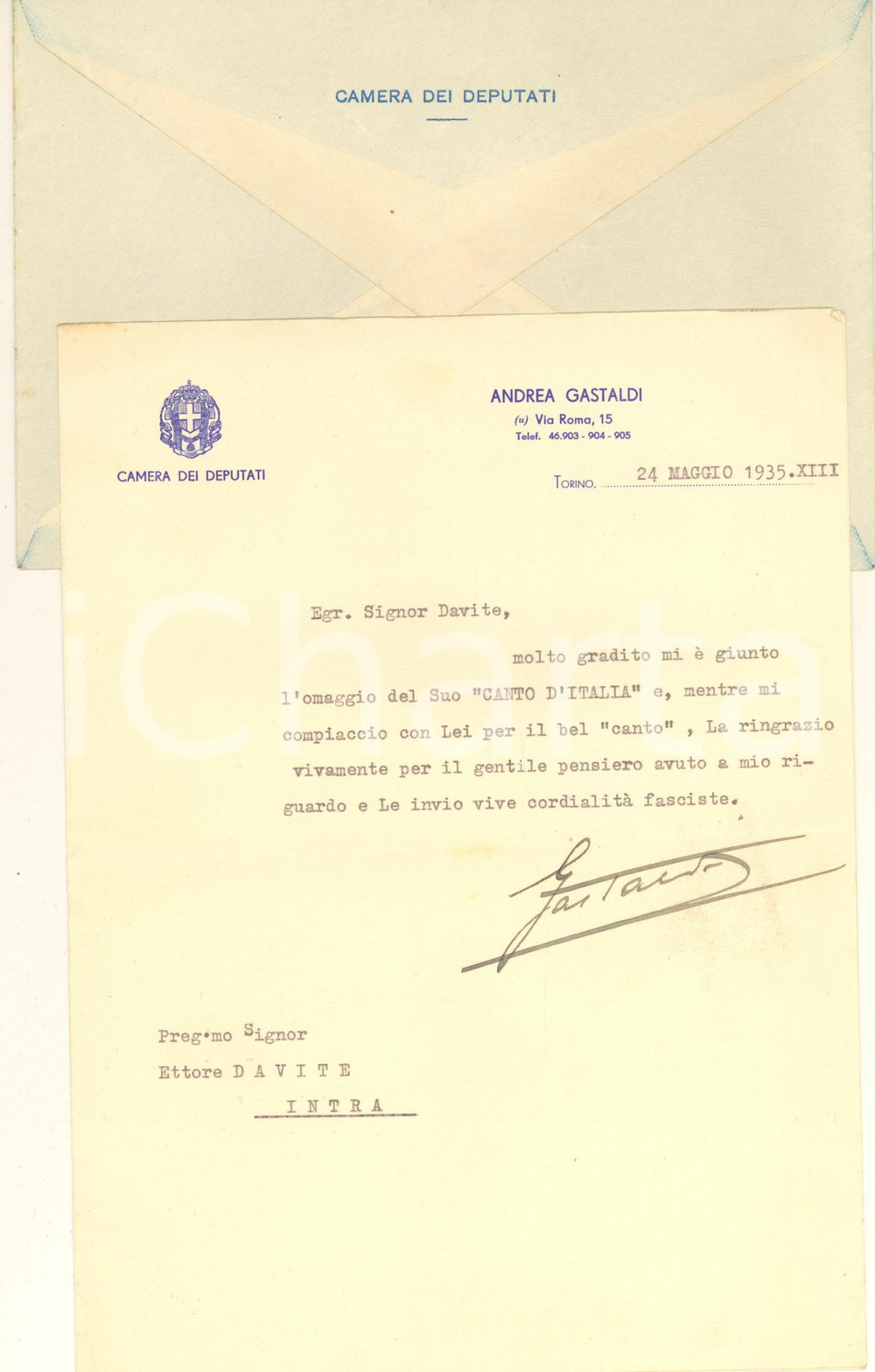 1935 TORINO On. Andrea GASTALDI - Lettera di ringraziamento *Autografo  Lettera dattiloscritta, originale d'epoca, con firma autografa.Su carta intestata "Camera dei Deputati"; busta non viaggiata.(Rif. A311) CONDIZIONI:GOOD/buono piegature d'epocaFORMATO: 16x22 cm originale e autentica 1