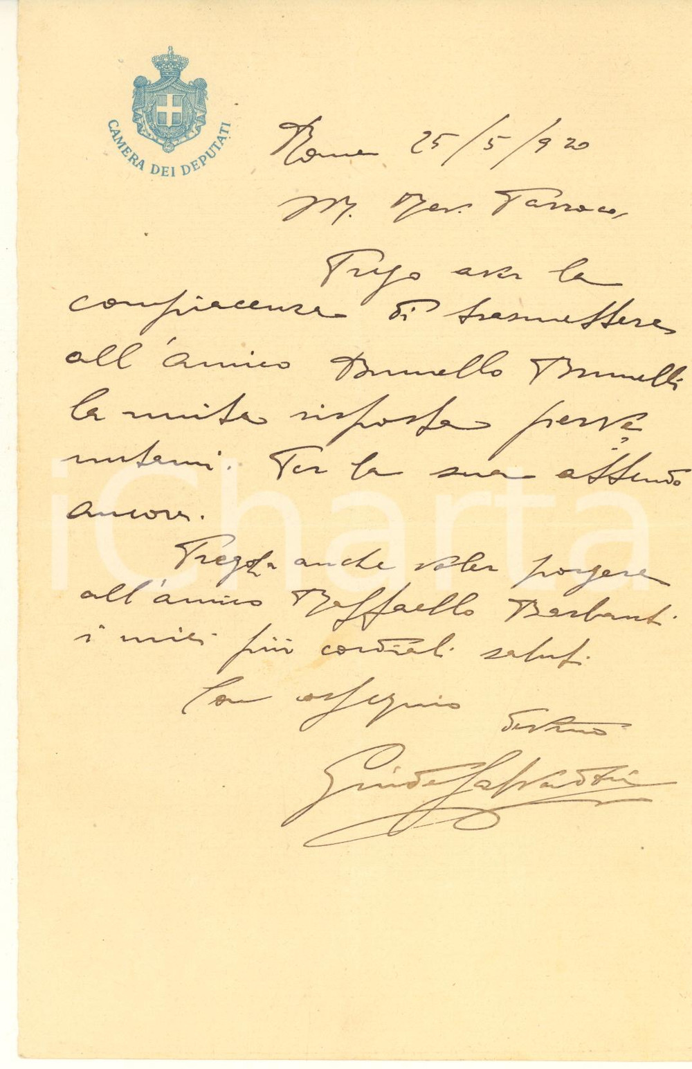 1920 ROMA On. Guido SALVADORI - Lettera a un parroco *Autografo  Lettera interamente autografa, originale d'epoca, relativa alla trasmissione di una comunicazione all'amico Brunello Brunelli.Su carta intestata "Camera dei Deputati".(Rif. A312)PAGINE: 1 CONDIZIONI:GOOD/buono piegature d'epocaFORMATO: 13x21 cm originale e autentica 1