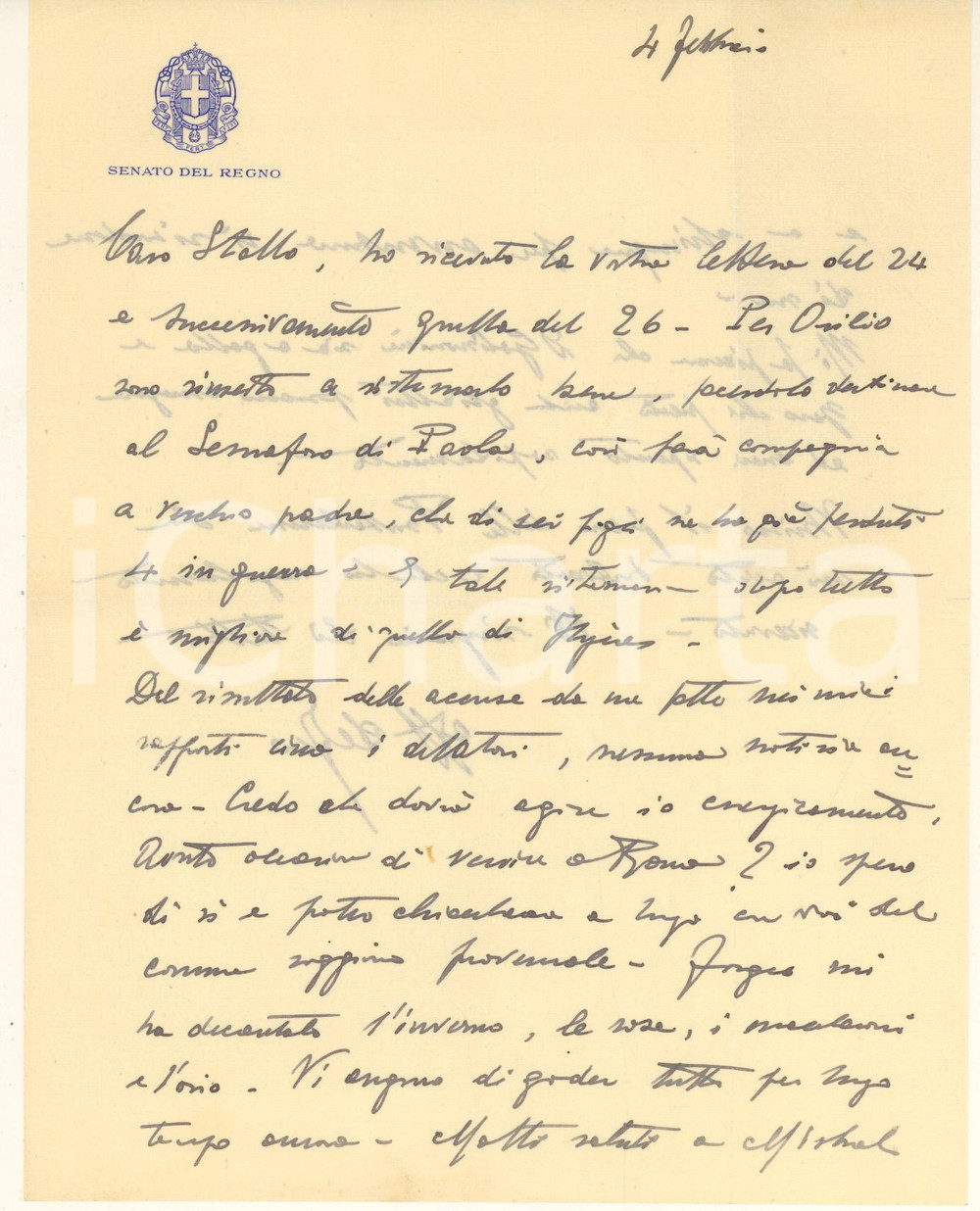 1920 ROMA Lettera Vincenzo DE FEO "Dovrò agire energicamente" *Autografo  Lettera interamente autografa, originale d'epoca, relativa a legami personali e ad accuse che avrebbero richiesto un'azione energica.Su carta intestata "Senato del Regno".(Rif. A313)PAGINE: 1 (2 facciate) CONDIZIONI:FAIR/discreto piegature d'epocaFORMATO: 17x22 cm originale e autentica 1