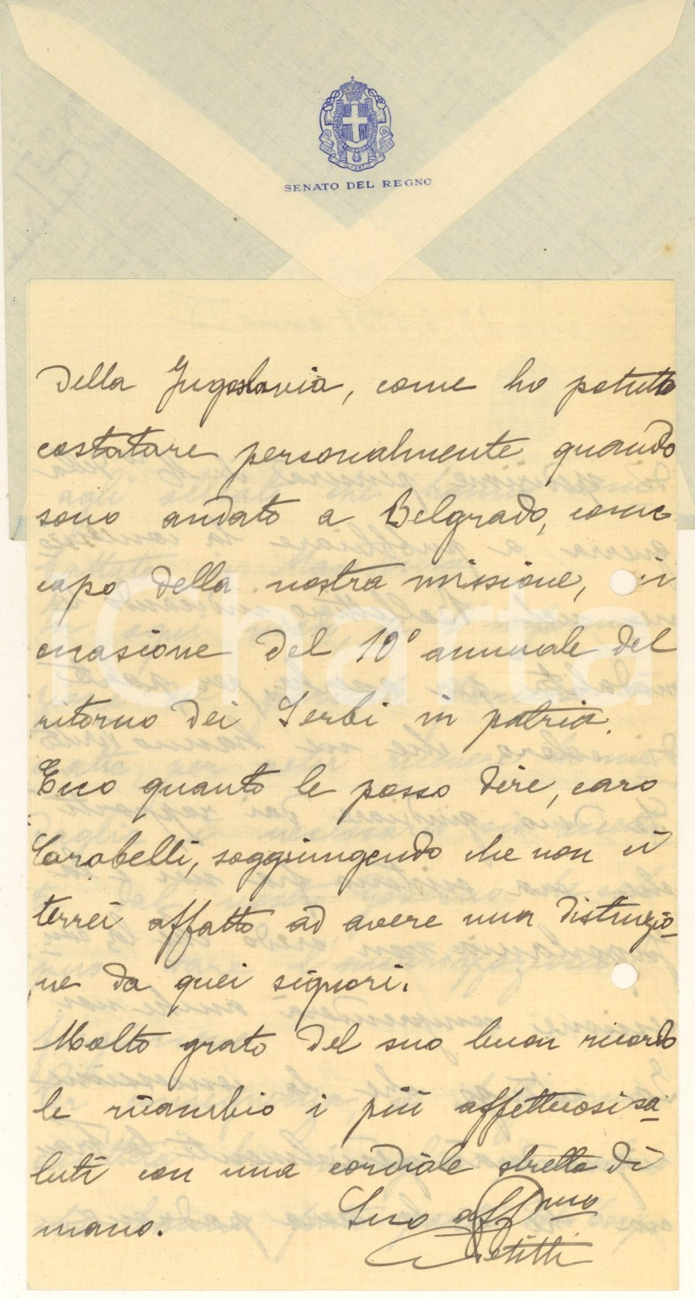 1931 TORINO Gen. Carlo PETITTI DI RORETO su medaglia jugoslava *Autografo  Lettera interamente autografa, originale d'epoca, relativa alla voce per la quale il governo jugoslavo avrebbe concesso una medaglia agli alleati che avevano combattuto in Macedonia, sulla quale il generale era scettico: "... non credo che la concessione comprenderà anche noi. Io ritengo che la concessione riguarderà specialmente la Francia che è la vera padrona della Jugoslavia, come ho potuto constatare personalmente quando sono andato a Belgrado, come capo della nostra missione".Su carta intestata "Senato del Regno"; busta intestata non viaggiata.(Rif. A314)PAGINE: 4 CONDIZIONI:FAIR/discreto piegature d'epocaFORMATO: 17x22 cm originale e autentica 1