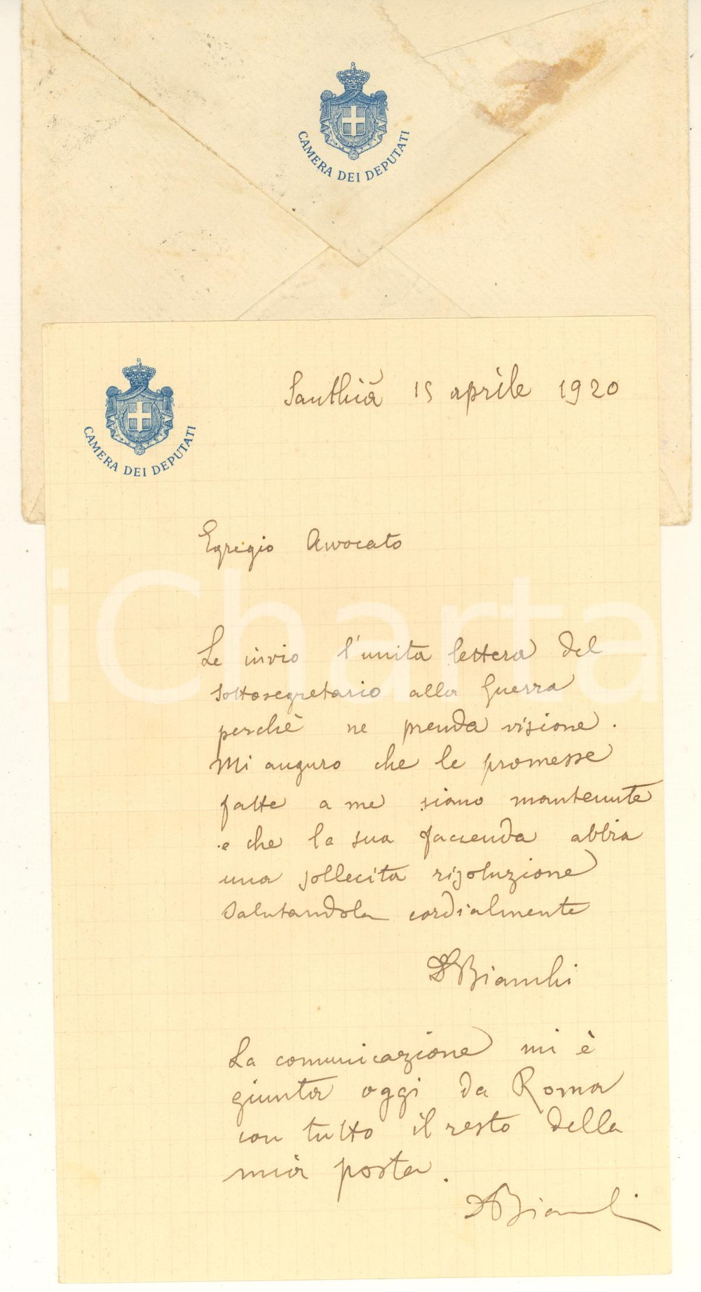 1920 SANTHIA' Lettera Carlo Giuseppe BIANCHI - Mantenimento promesse *Autografo  Lettera interamente autografa, originale d'epoca.Su carta intestata "Camera dei Deputati"; busta intestata viaggiata.(Rif. A309)PAGINE: 4 (1 scritta) CONDIZIONI:FAIR/discreto piegature d'epocaFORMATO: 13x21 cm originale e autentica 1