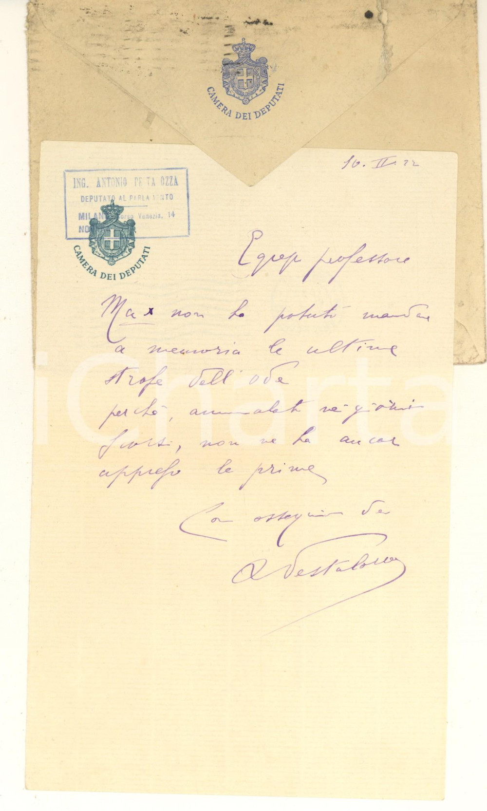 1922 MILANO Lettera on. Antonio PESTALOZZA - Poesia a memoria *Autografo  Lettera interamente autografa, originale d'epoca. Il politico, malato, si scusa per non aver potuto imparare un'ode a memoria.Su carta intestata "Camera dei Deputati"; busta intestata viaggiata.(Rif. A310)PAGINE: 1 CONDIZIONI:FAIR/discreto piegature d'epocaFORMATO: 13x21 cm originale e autentica 1