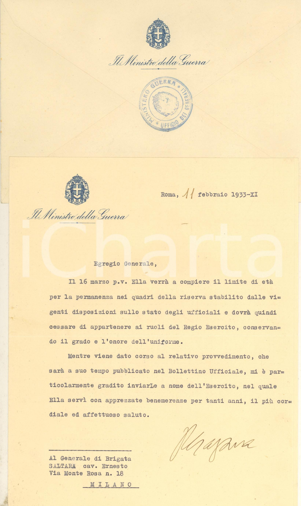 1933 ROMA Lettera Pietro GAZZERA Ministro della Guerra a un generale *Autografo  Lettera dattiloscritta, con firma autografa, originale d'epoca, inviata dal ministro a un generale prossimo al congedo.Su carta intestata "Il Ministro della Guerra"; busta intestata non viaggiata, con timbro.(Rif. A322)PAGINE: 4 (1 scritta) CONDIZIONI:FAIR/discreto piegature d'epocaFORMATO: 20x25 cm originale e autentica 1