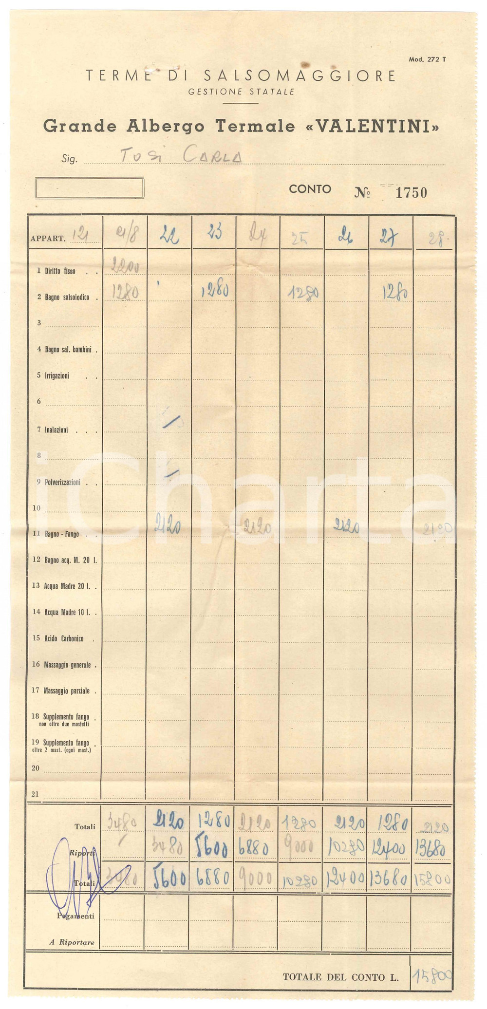 Documento originale, autentico 1960 ca SALSOMAGGIORE TERME Grande Albergo Termale VALENTINI Conto 1