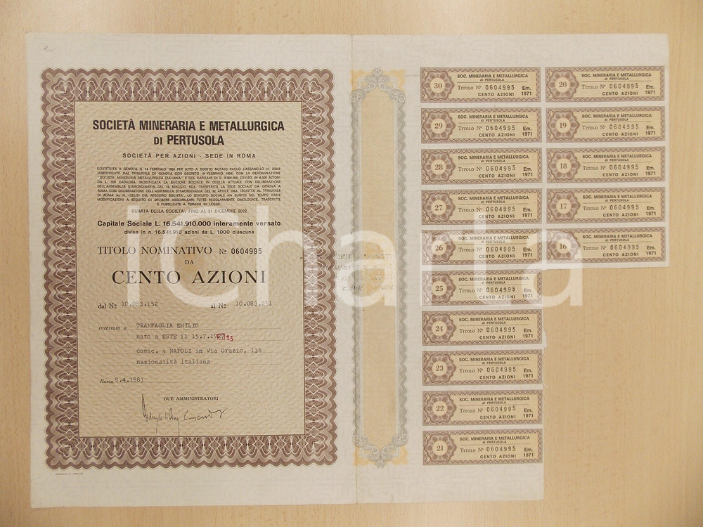 Oggetto da collezione cartaceo 1981 Società Mineraria e Metallurgica di PERTUSOLA Certificato azionario cedole 1