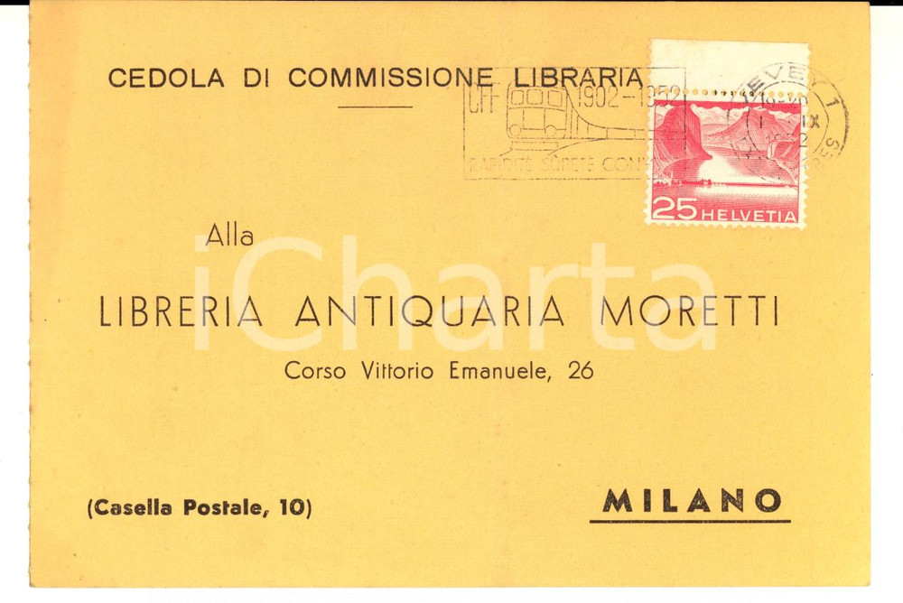 Cartolina originale da collezione 1952 MILANO Cedola libreria antiquaria MORETTI  Cartolina FG VG 1