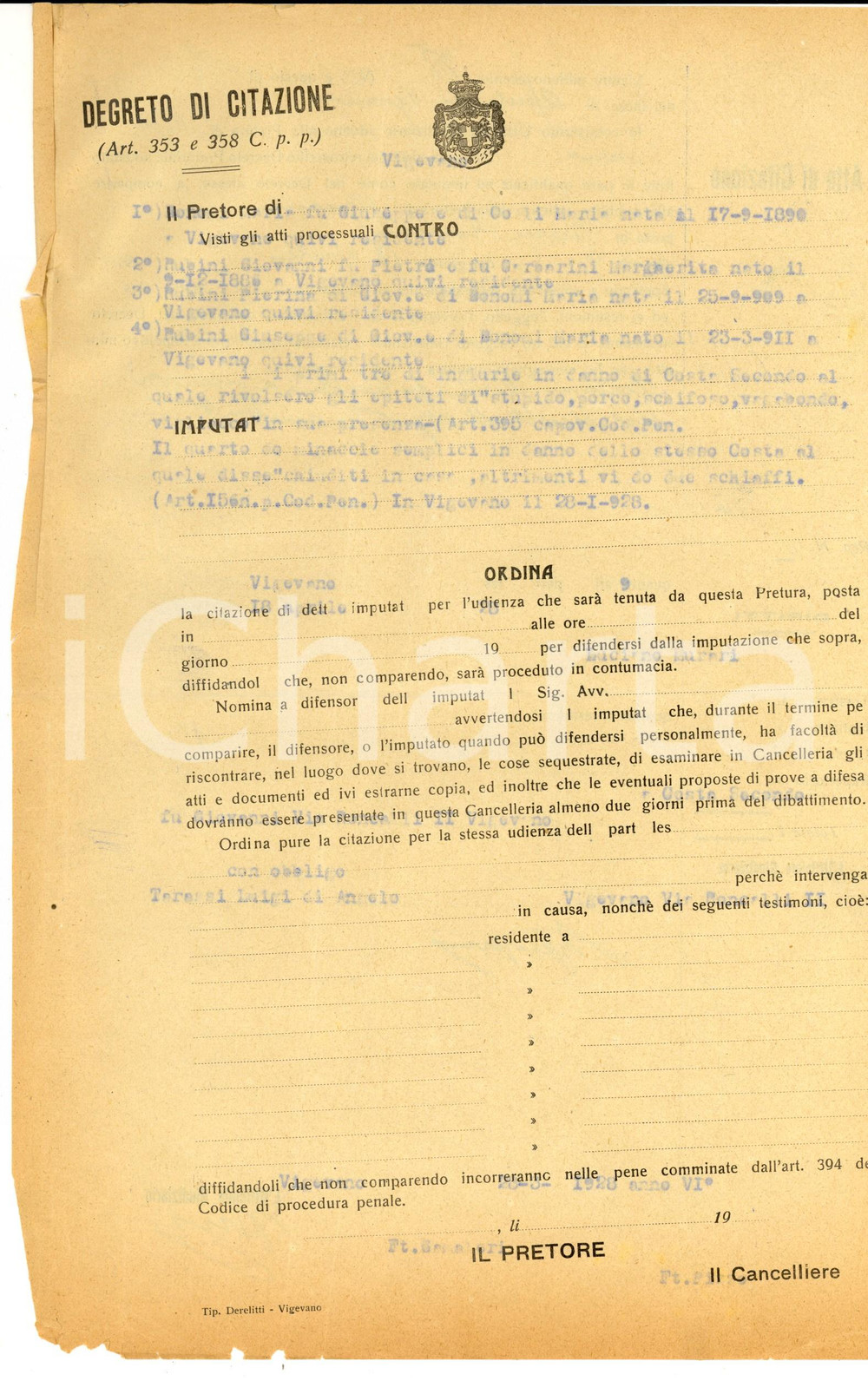 Documento originale, autentico 1928 VIGEVANO Citazione imputati RUBINI per insulti a Secondo COSTA 1