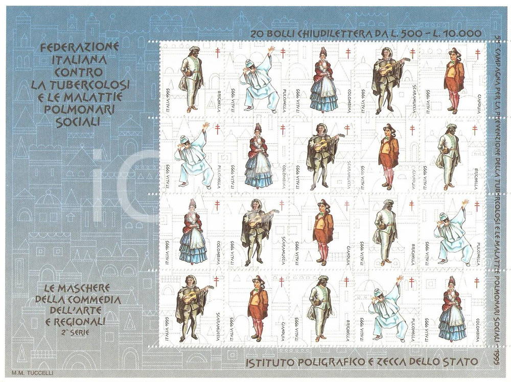 Oggetto da collezione cartaceo 1995  58 Campagna prevenzione TBC Maschere Commedia dell arte 20 Erinnofili 1