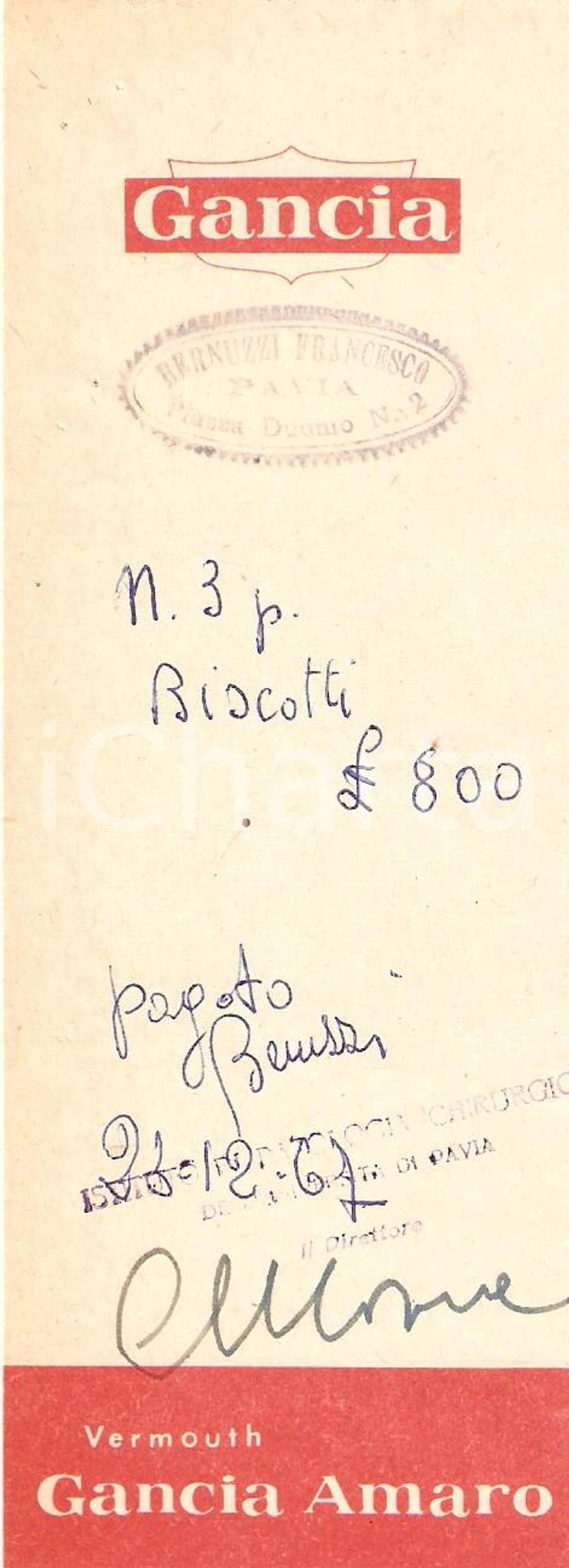 Materiale pubblicitario d’epoca 1965 ca PAVIA Emporio Francesco BERNUZZI Vermouth GANCIA Ricevuta 6x16 cm 1