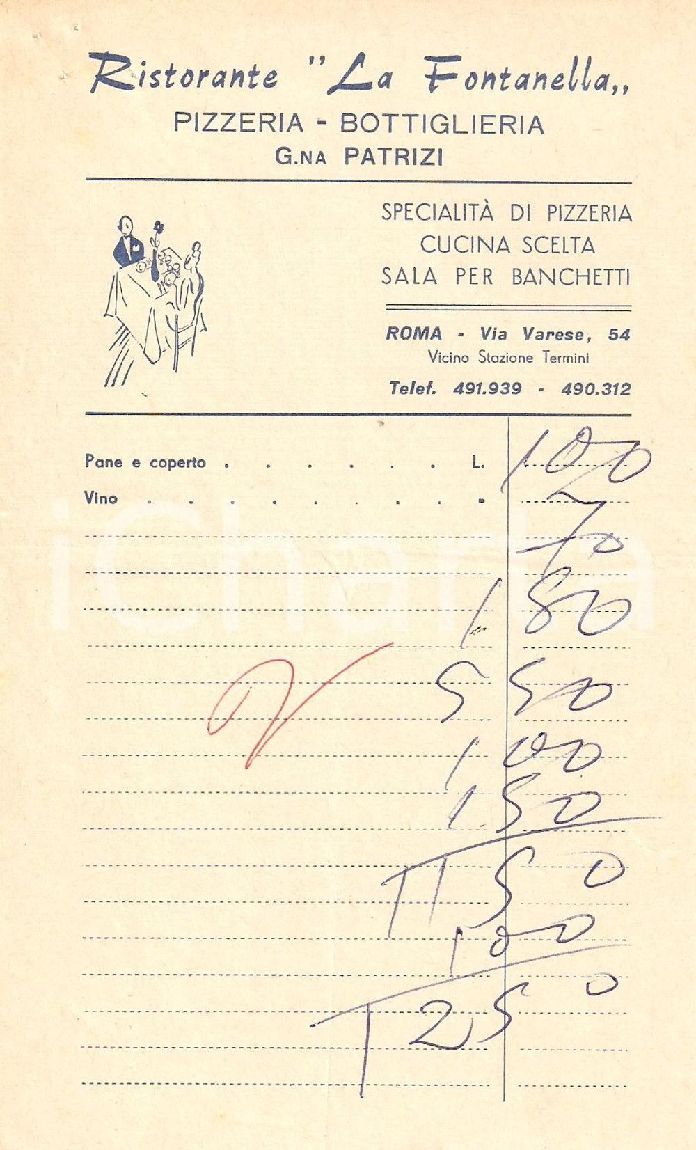 Materiale pubblicitario d’epoca 1960 ca ROMA Ristorante LA FONTANELLA Pizzeria Bottiglieria Ricevuta ILLUSTRATA 1