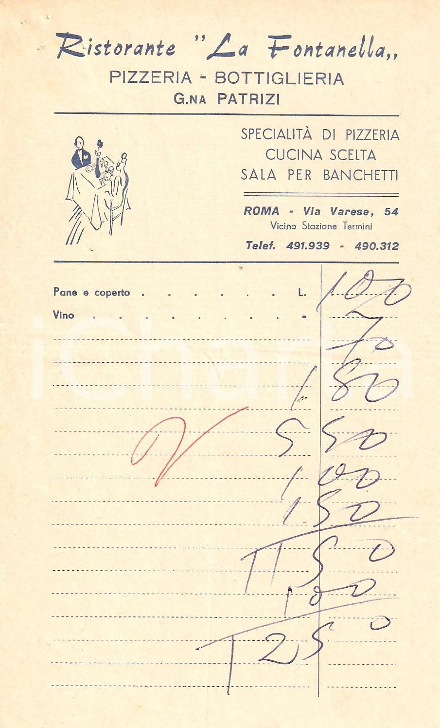 Materiale pubblicitario d’epoca 1960 ca ROMA Ristorante LA FONTANELLA Pizzeria Bottiglieria Ricevuta ILLUSTRATA 1