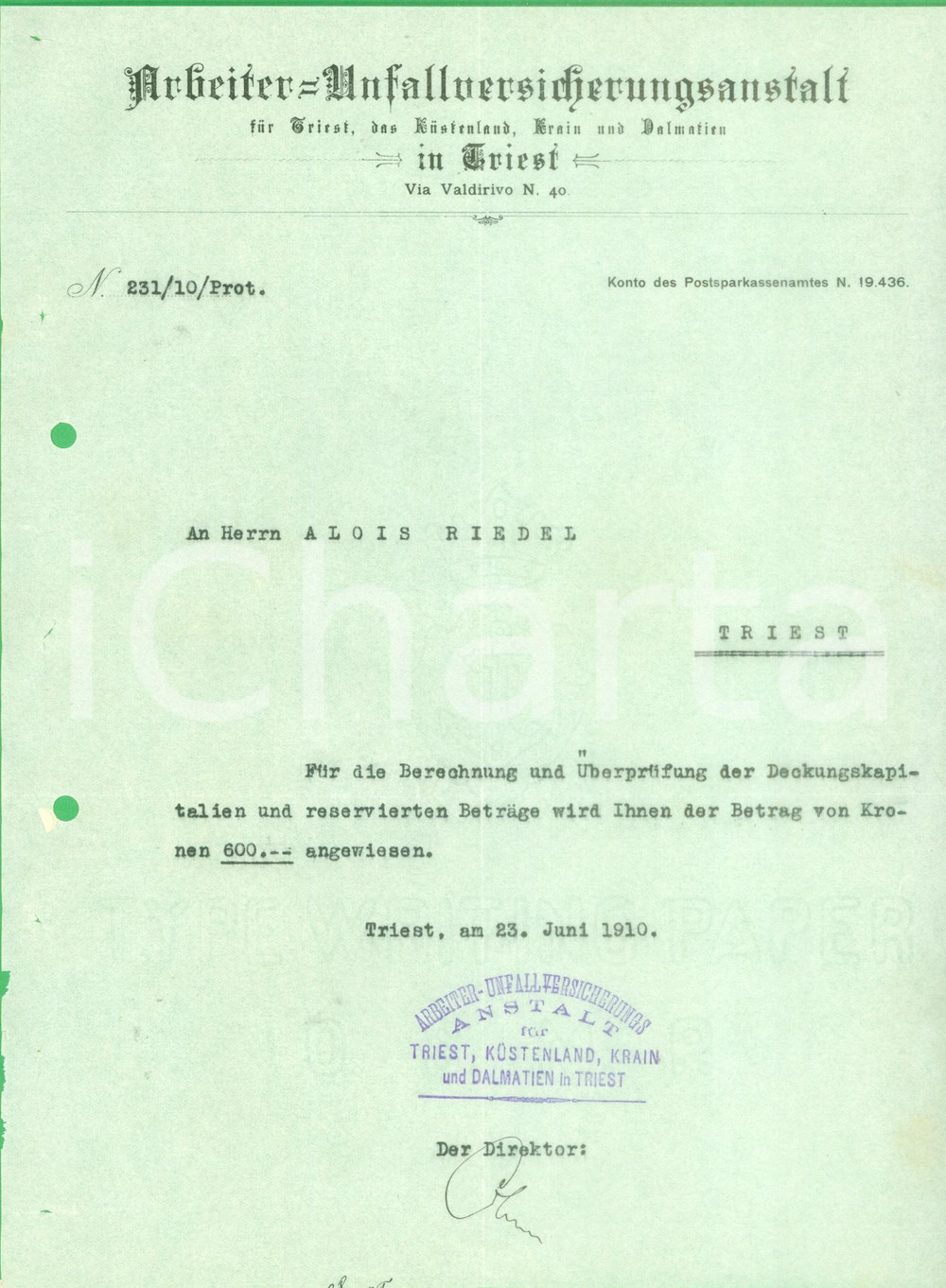 Documento originale, autentico 1910 TRIESTE ArbeiterUnfallversicherungsanstalt Lettera commerciale intestata 1