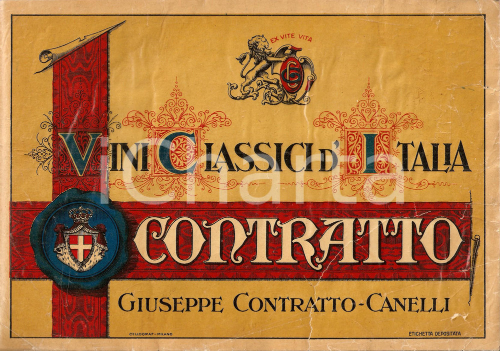 Materiale pubblicitario d’epoca 1930 ca CANELLI AT Vini classici d Italia CONTRATTO Vetrofania DANNEGGIATA 1