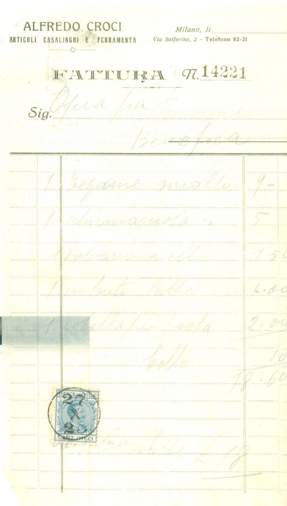 Documento originale, autentico 1925 MILANO Alfredo CROCI Articoli casalinghi e ferramenta Fattura manoscritta 1