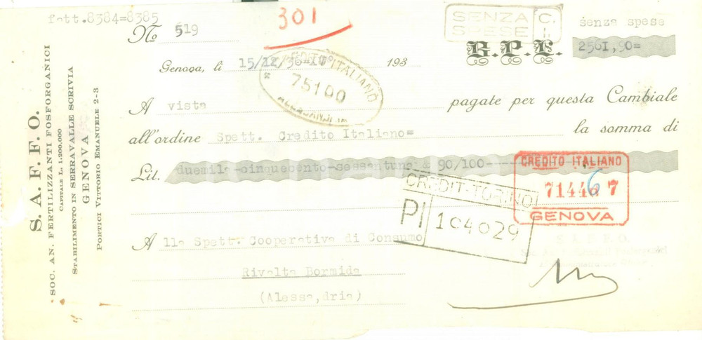 Documento originale, autentico 1936 GENOVA Soc An Fertilizzanti Fosforganici S.A.F.F.O. Cambiale pubblicitaria 1