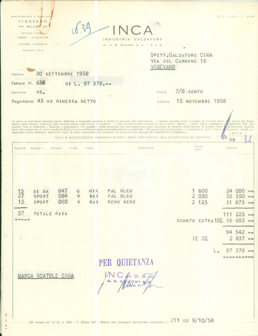 Materiale pubblicitario d’epoca 1958 VIGEVANO PV Industria calzature INCA Fattura e nota di consegna 1