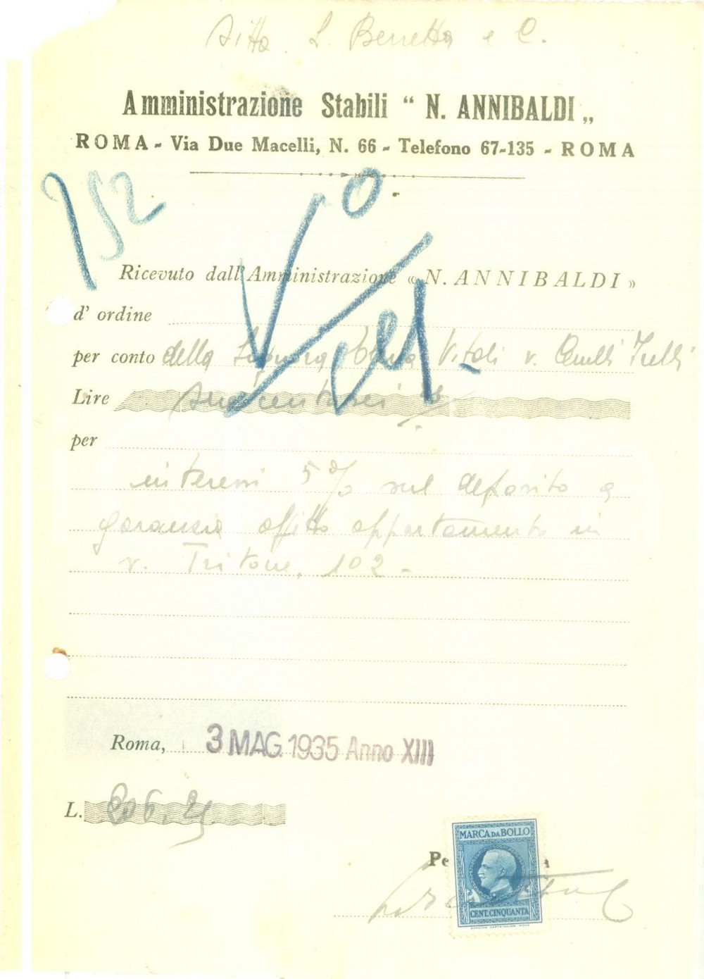 Documento originale, autentico 1935 ROMA Amministrazione Stabili ANNIBALDI Ricevuta Elena VITALI 3 1