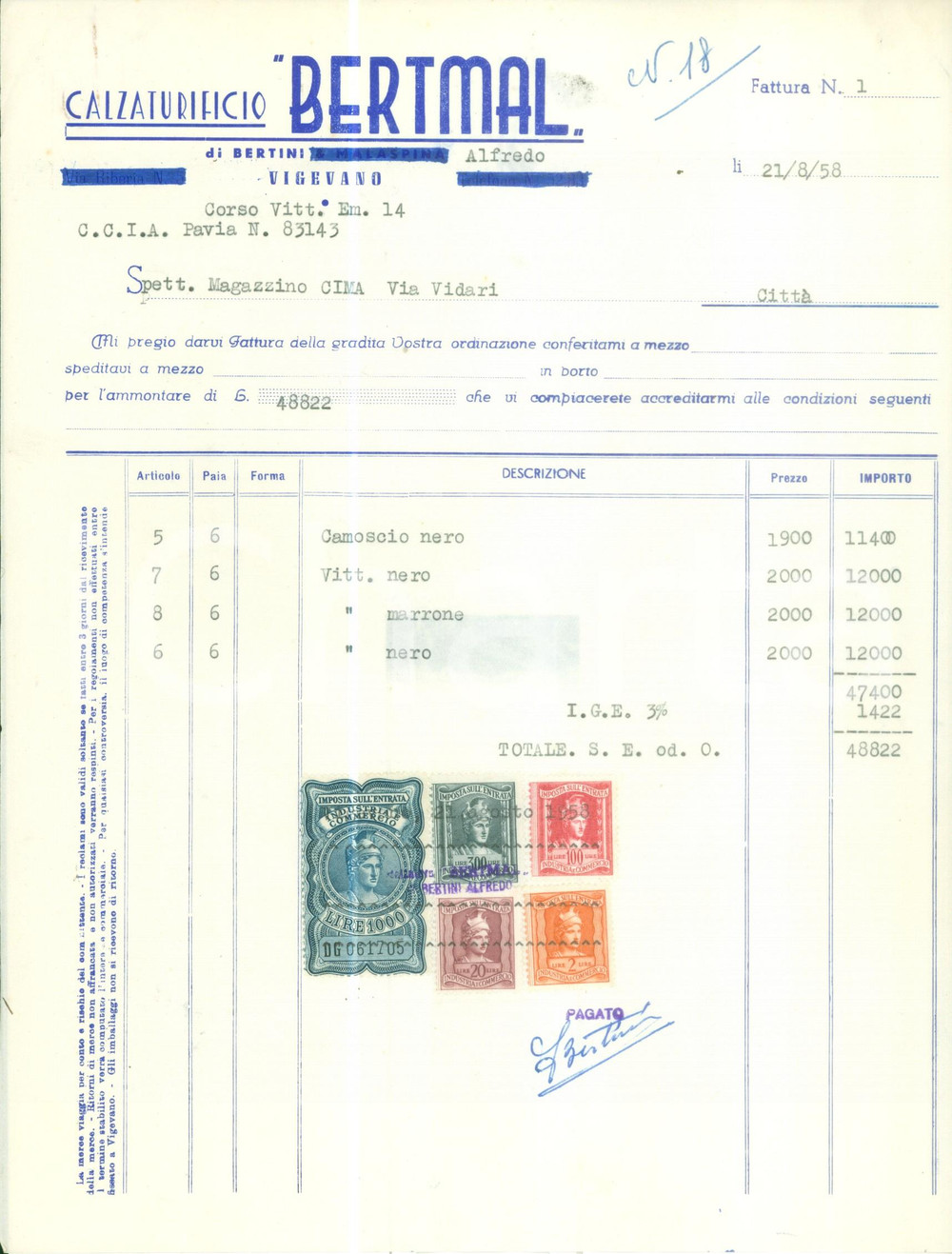 Documento originale, autentico 1958 VIGEVANO PV Calzaturificio BERTMAL di Alfredo BERTINI Fattura 1