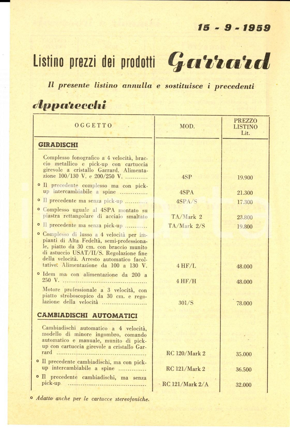 Materiale pubblicitario d’epoca 1959 SWINDON UK Ditta GARRARD Listino prezzi giradischi e accessori 1