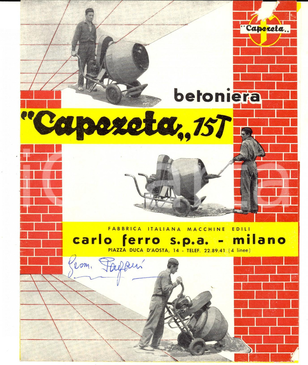 Materiale pubblicitario d’epoca 1950 ca MILANO Ditta Carlo FERRO Betoniera CAPOZETA 15T Dépliant pubblicitario 1