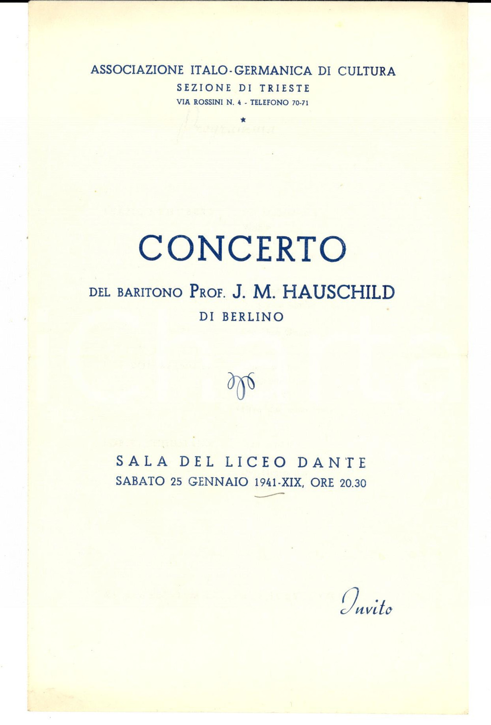 Materiale pubblicitario d’epoca 1941 TRIESTE Concerto baritono J.M. HAUSCHILD Associazione ItaloGermanica 1