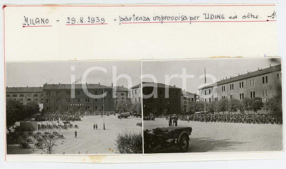 Fotografia d'epoca originale 1939 MILANO - BERSAGLIERI Partenza improvvisa per UDINE Lotto di due foto 1