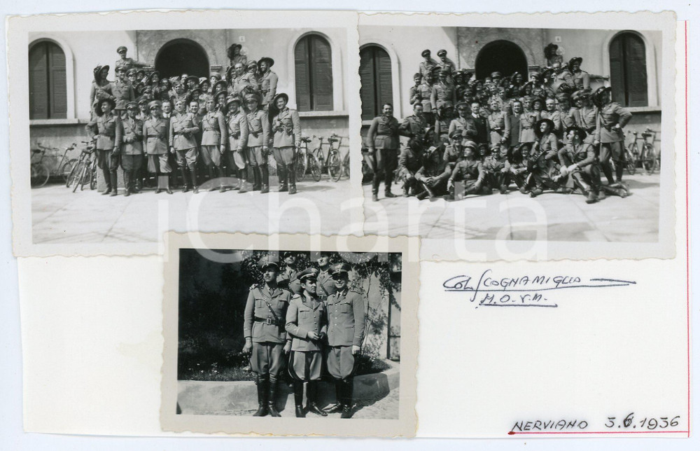Fotografia d'epoca originale 1936 NERVIANO Colonnello SCOGNAMIGLIO con bersaglieri *Lotto 3 foto 8x6 / 6x5 cm 1