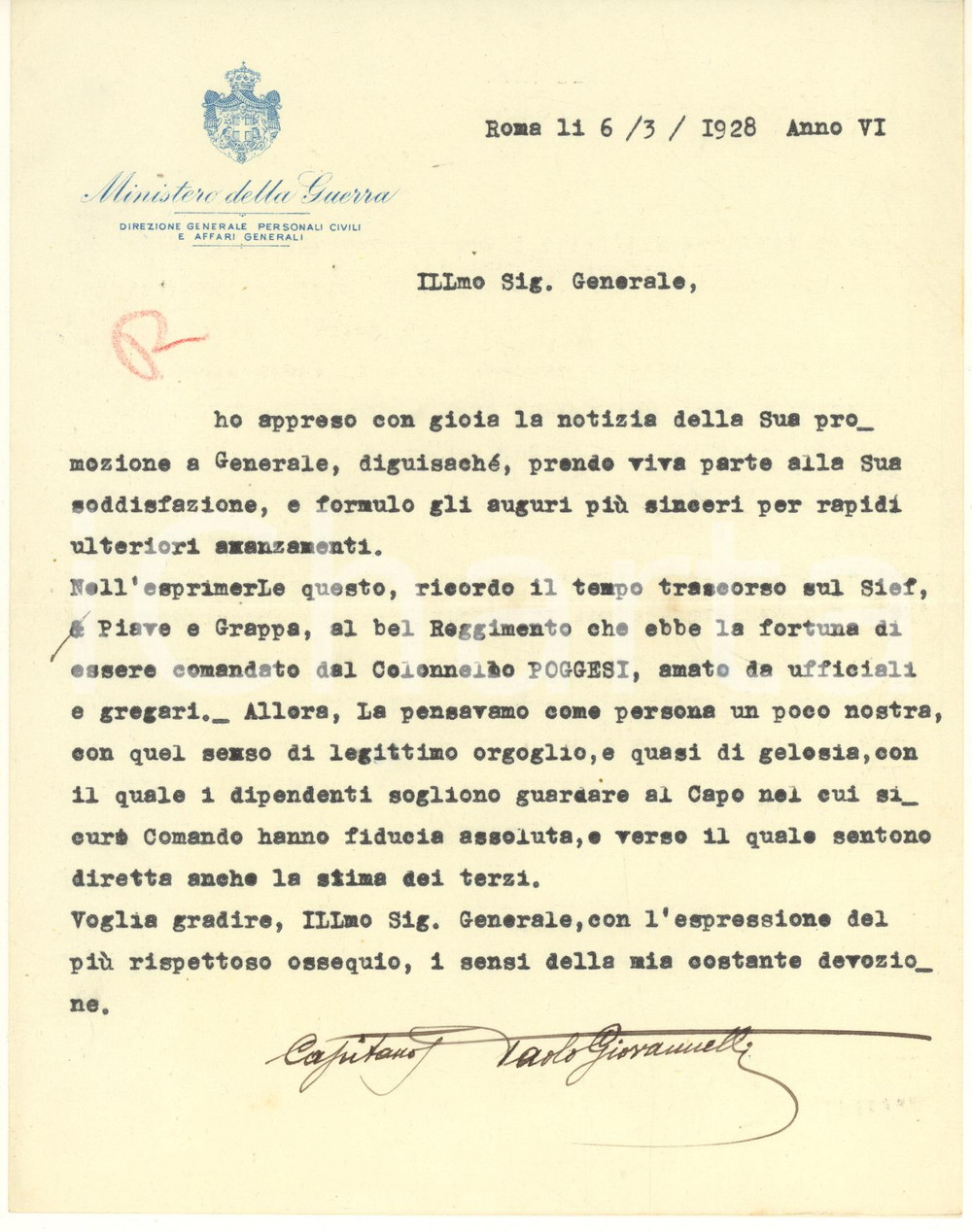Autografo originale 1928 ROMA Ministero della Guerra -  Lettera cap. Paolo GIOVANNELLI *Autografo 1