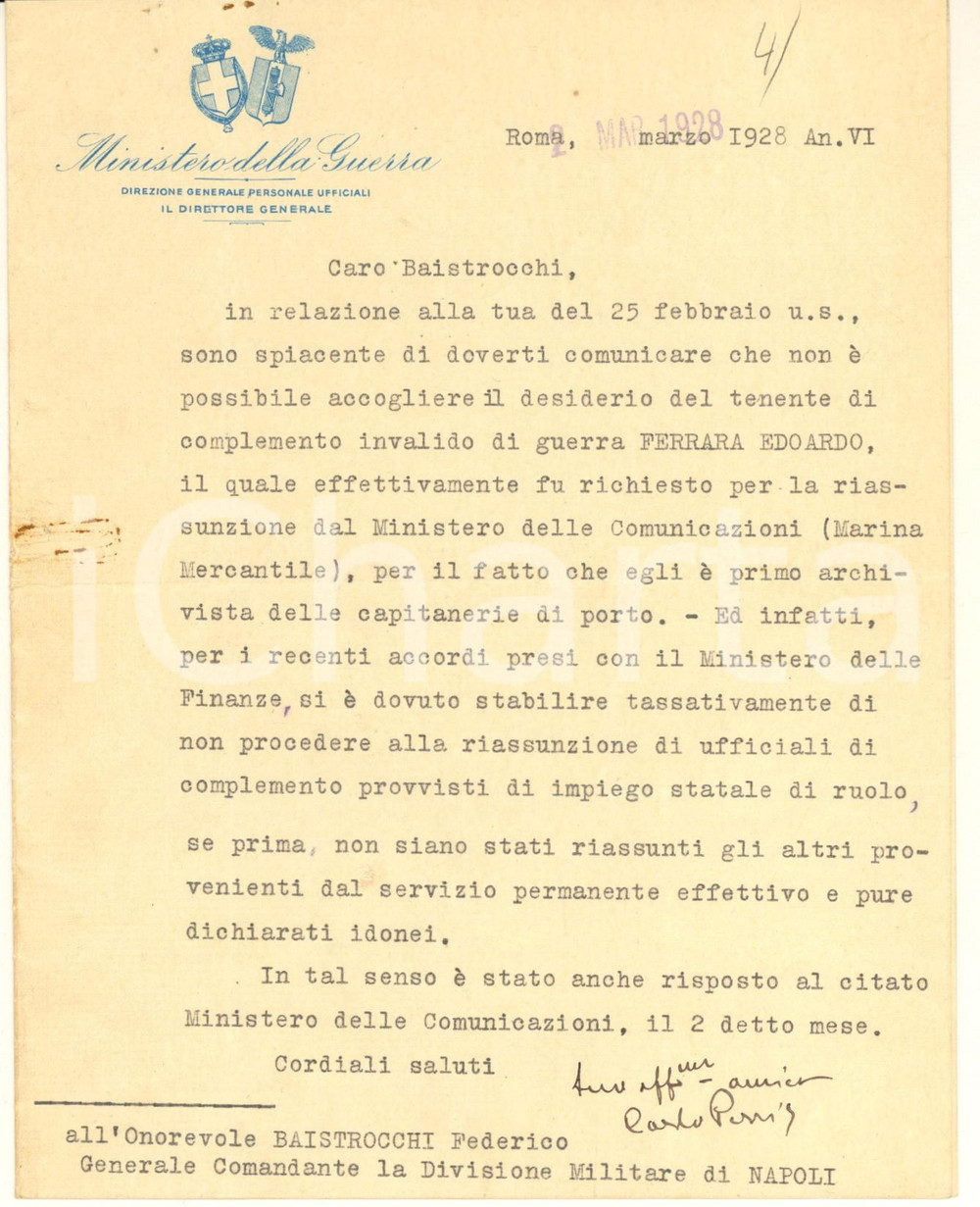 Autografo originale 1928 ROMA Ministero della Guerra -  Lettera gen. Carlo PERRIS *Autografo 1