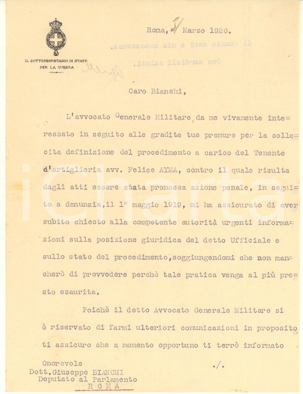 Autografo originale 1920 ROMA Lettera Arnaldo AGNELLI Sottosegretario per la Guerra *Autografo 1