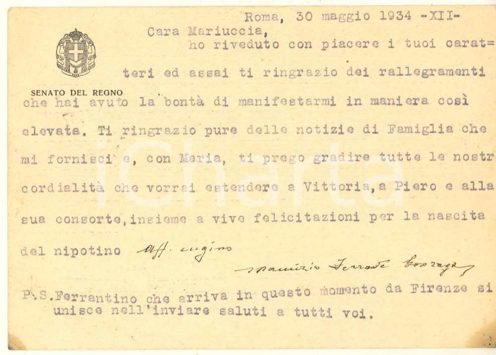 Autografo originale 1934 ROMA Biglietto gen. Maurizio FERRANTE GONZAGA per ringraziamento *Autografo 1