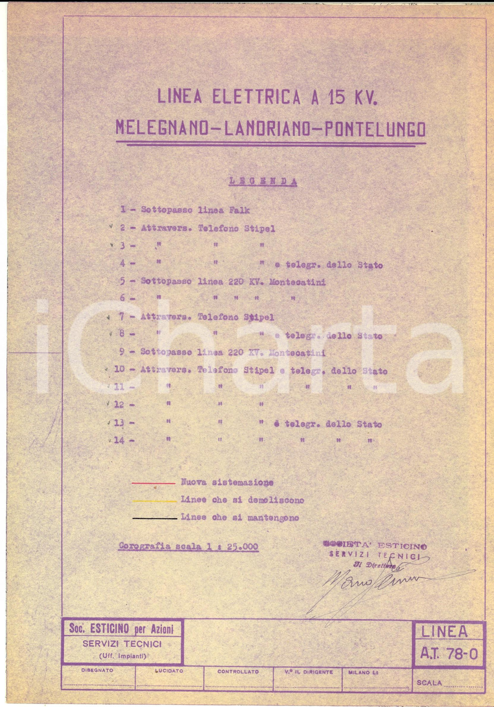 Mappa, planimetria storica 1945 ca Società ESTICINO Linea elettrica MELEGNANOLANDRIANOPONTELUNGO 1