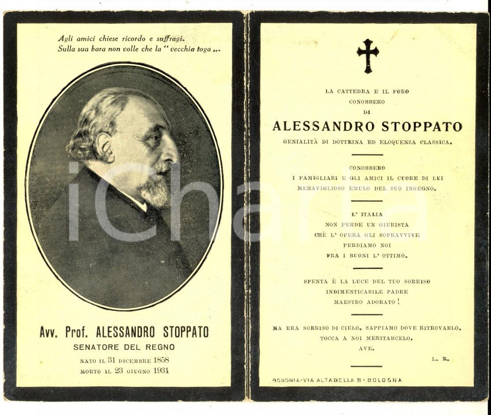 Oggetto da collezione cartaceo 1931 MILANO In memoria del sen. Alessandro STOPPATO Santino con ritratto 1