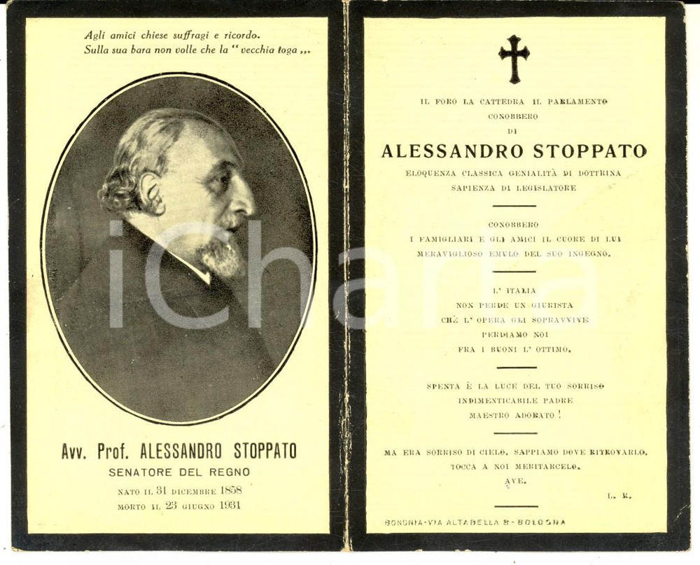 Oggetto da collezione cartaceo 1931 MILANO In memoria del senatore Alessandro STOPPATO Santino con ritratto 1