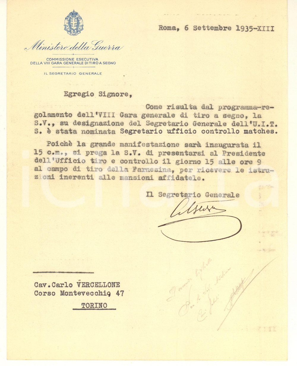 Autografo originale 1935 ROMA Ministero della Guerra - Segretario Generale TIRO A SEGNO *Autografo 1