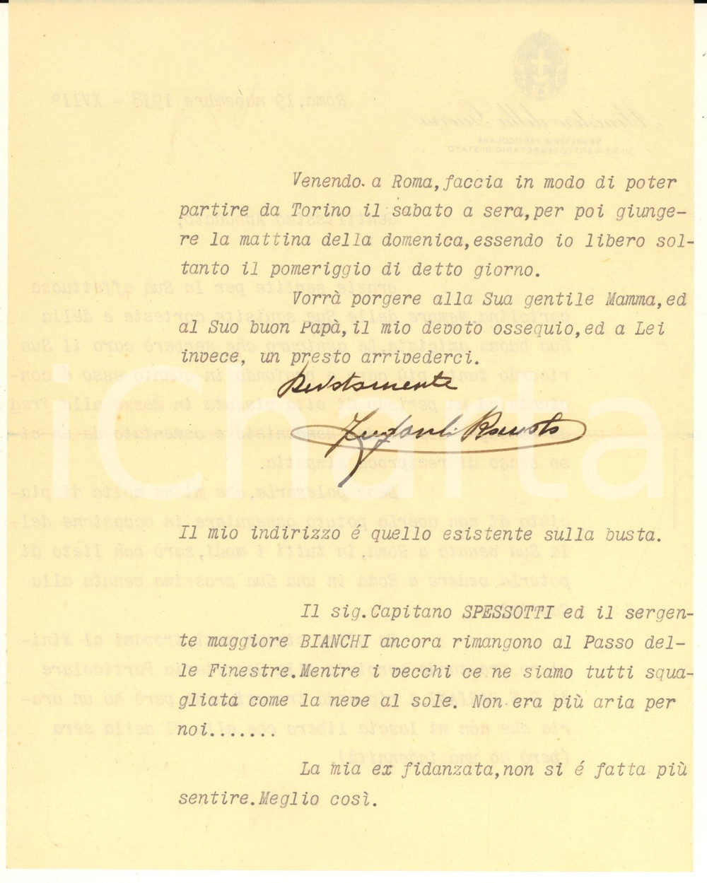 Autografo originale 1938 ROMA Ministero della Guerra - Segretario particolare FUGAROLI *Autografo 1