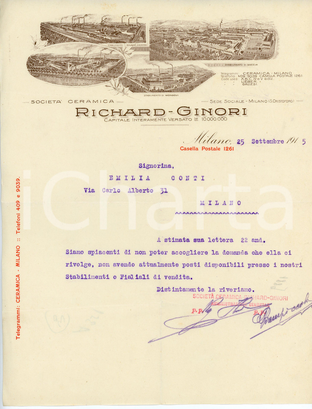 Documento originale, autentico 1915 MILANO Società ceramica RICHARD-GINORI Lettera commerciale 1