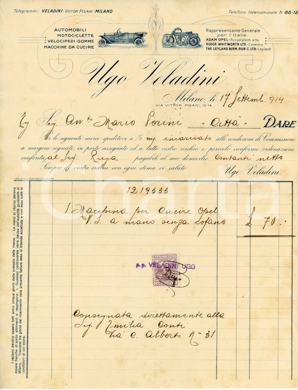 Documento originale, autentico 1914 MILANO Automobili Ugo VELADINI Fattura per macchina da cucire OPEL 1