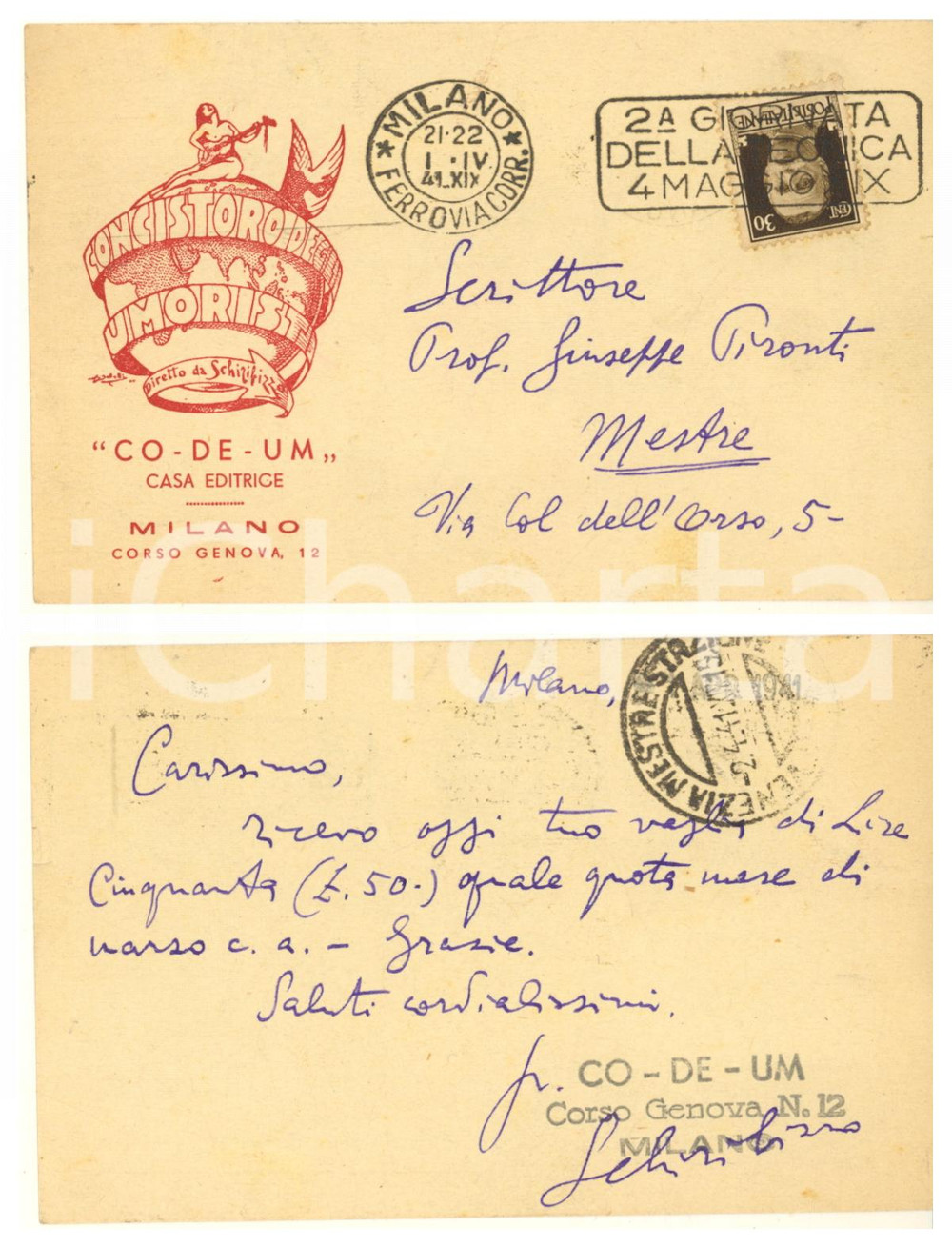 Autografo originale 1941 MILANO Concistoro degli Umoristi - Autografo SCHIRIBIZZO (Luigi Testa) 1