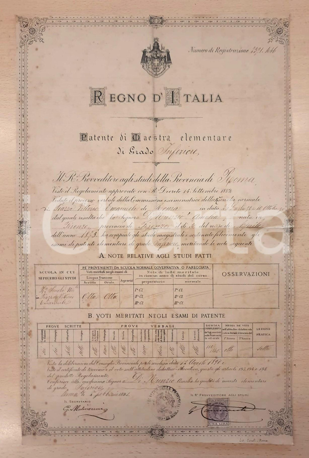 Oggetto da collezione cartaceo 1891 ROMA REGNO D'ITALIA Patente di maestra elementare - Amelia DI NUNZIO 1