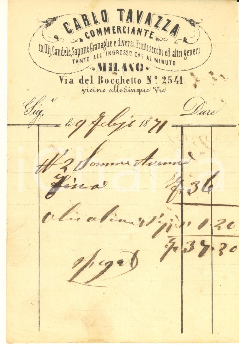 Documento originale, autentico 1871 MILANO Via del Bocchetto - Carlo TAVAZZA commerciante droghiere *Fattura 1