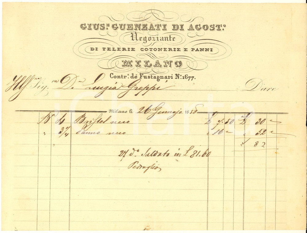 Documento originale, autentico 1858 MILANO Contrada Fustagnari 1677 - Giuseppe GUENZATI telerie *Fattura 1