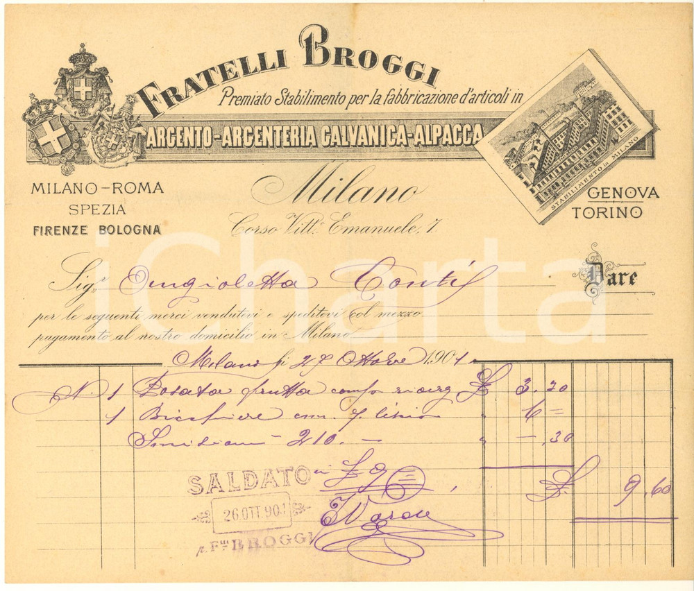 Documento originale, autentico 1901 MILANO Corso Vittorio Emanuele 7 - Fratelli BROGGI argento *Fattura 1