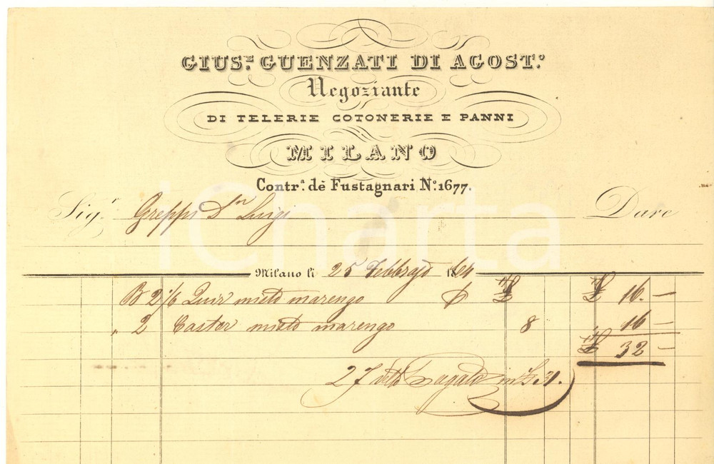 Documento originale, autentico 1858 MILANO Contrada Fustagnari 1677 - Giuseppe GUENZATI telerie - Fattura 1