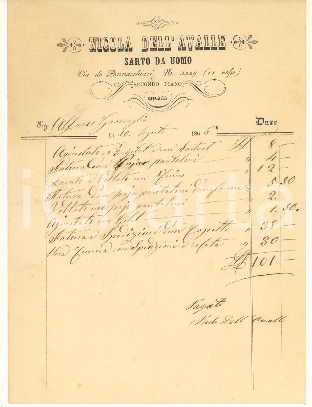 Documento originale, autentico 1866 MILANO Via de' Pennacchiari - Nicola DELL'AVALLE sarto da uomo *Fattura 1