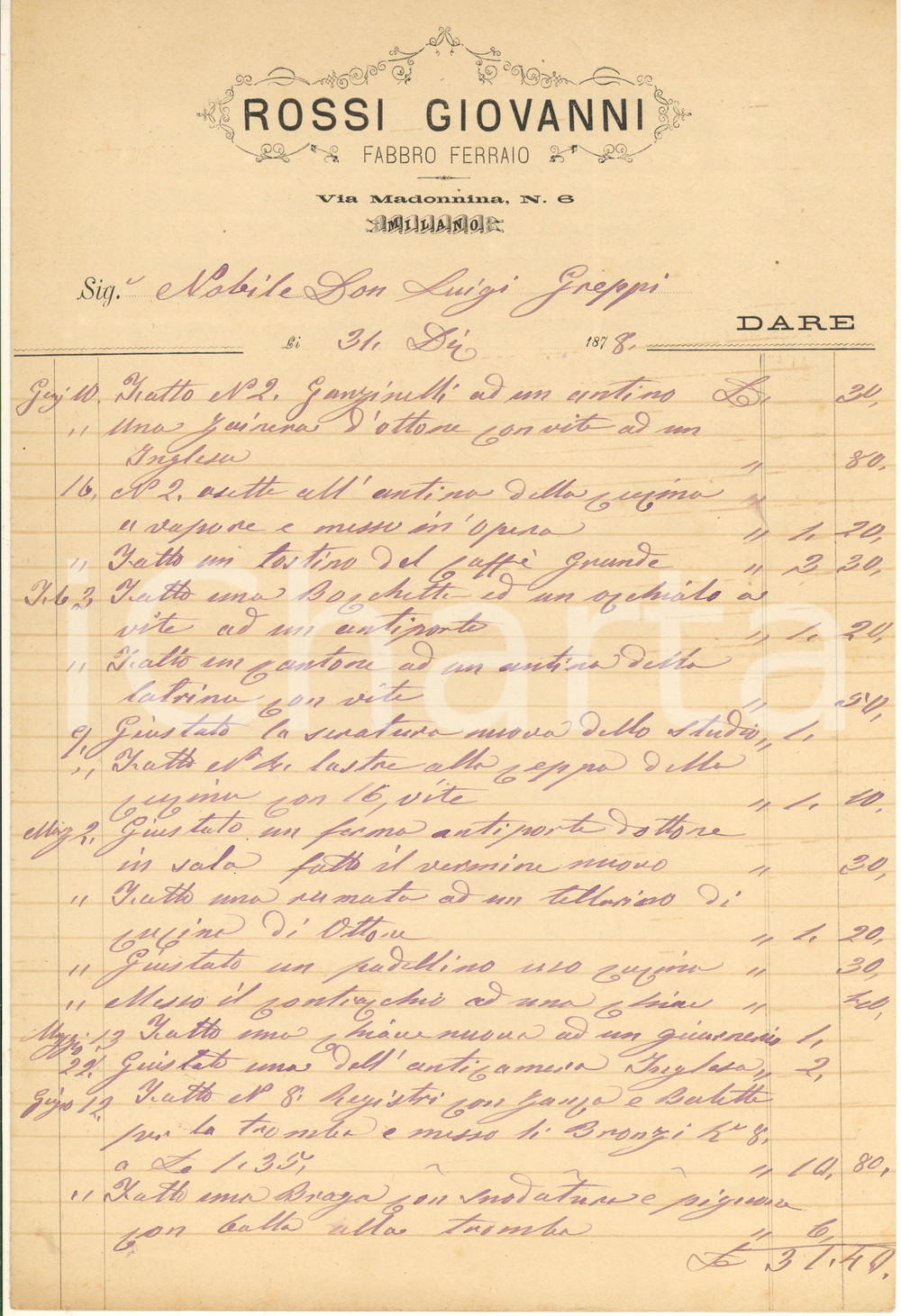 Documento originale, autentico 1878 MILANO Via Madonnina 6 - Giovanni ROSSI fabbro ferraio *Fattura 1