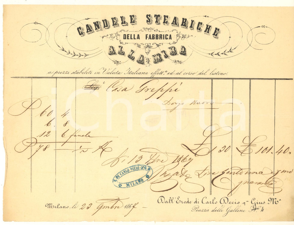 Documento originale, autentico 1867 MILANO Fabbrica ALLA MIRA Candele steariche - Erede Carlo Decio *Fattura 1
