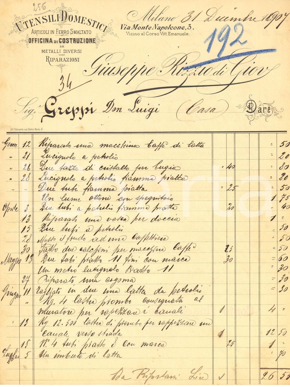 Documento originale, autentico 1907 MILANO Via Monte Napoleone - Giuseppe RIZZIO utensili domestici *Fattura 1