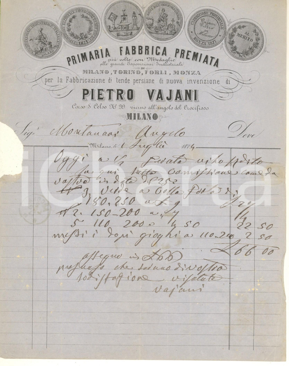Documento originale, autentico 1874 MILANO Corso S. Celso - Pietro VAJANI fabbrica tende persiane *Fattura 1